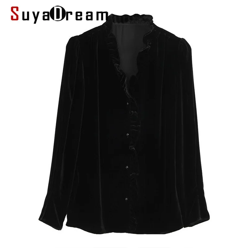 SuyaDream Woman Velvet Blouses 100%Real Silk Velour Ruffles V Neck Long Sleeves Solid Blouse Shirts Black 2022 Spring Top
SuyaDream Woman Velvet Blouses 100%Real Silk Velour Ruffles V Neck Long Sleeves Solid Blouse Shirts Black 2022 Spring Top