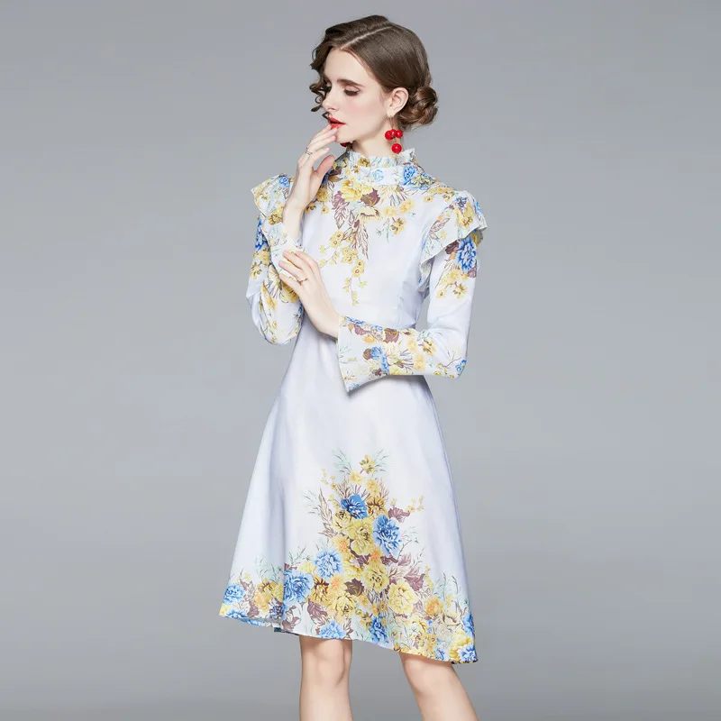 Summer Autumn Womens Knee-Length Skirt Palace Style Vintage Stand-Up Collar Horn Long-Sleeved Ruffled Print A-Line Slim Dress
Summer Autumn Womens Knee-Length Skirt Palace Style Vintage Stand-Up Collar Horn Long-Sleeved Ruffled Print A-Line Slim Dress
