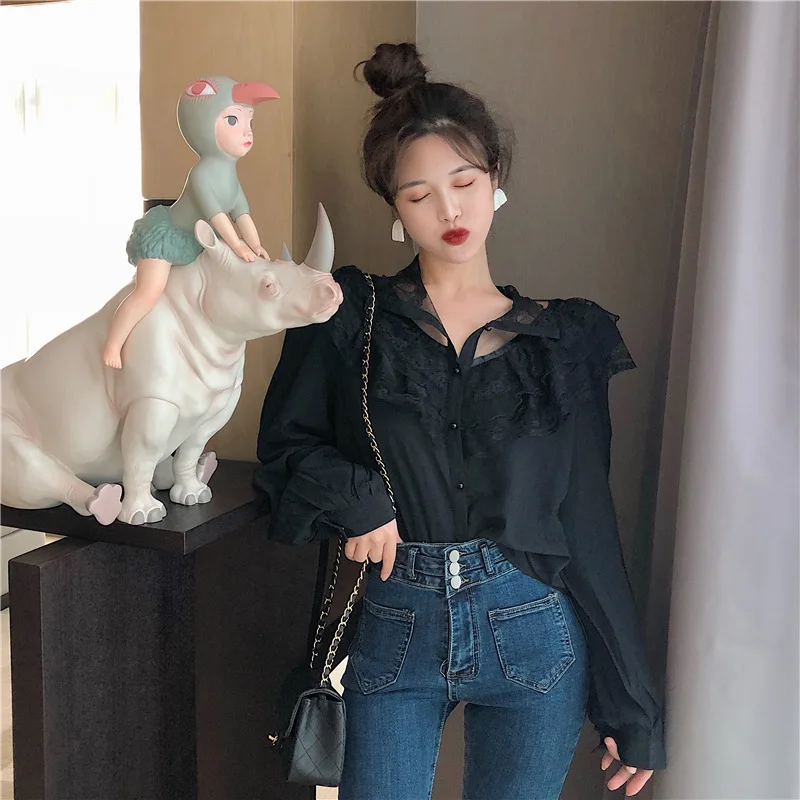 

Korean Style Fashion 2021 Women Lace Blouses et Chemises Harajuku Aesthetic Cottagecore Elegantes Coat The Woman Camisas Shirt