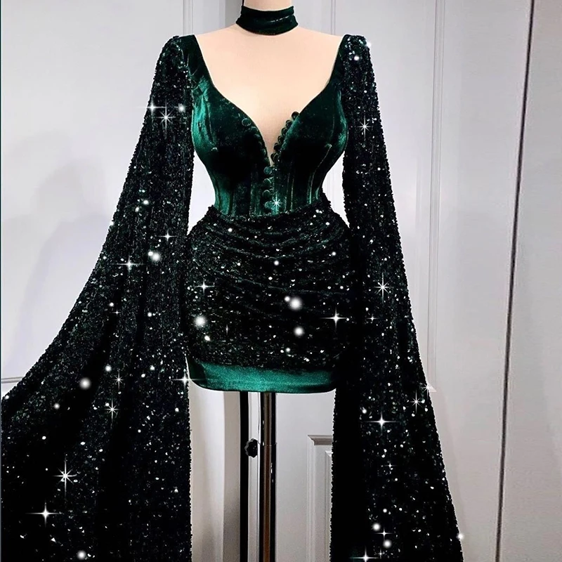 Hunter Green Short Prom Dress Long Flare Sleeves Sequins Sparkly Hunter Green Cocktail Party Gowns Formal Evening Party Gowns
Hunter Green Short Prom Dress Long Flare Sleeves Sequins Sparkly Hunter Green Cocktail Party Gowns Formal Evening Party Gowns