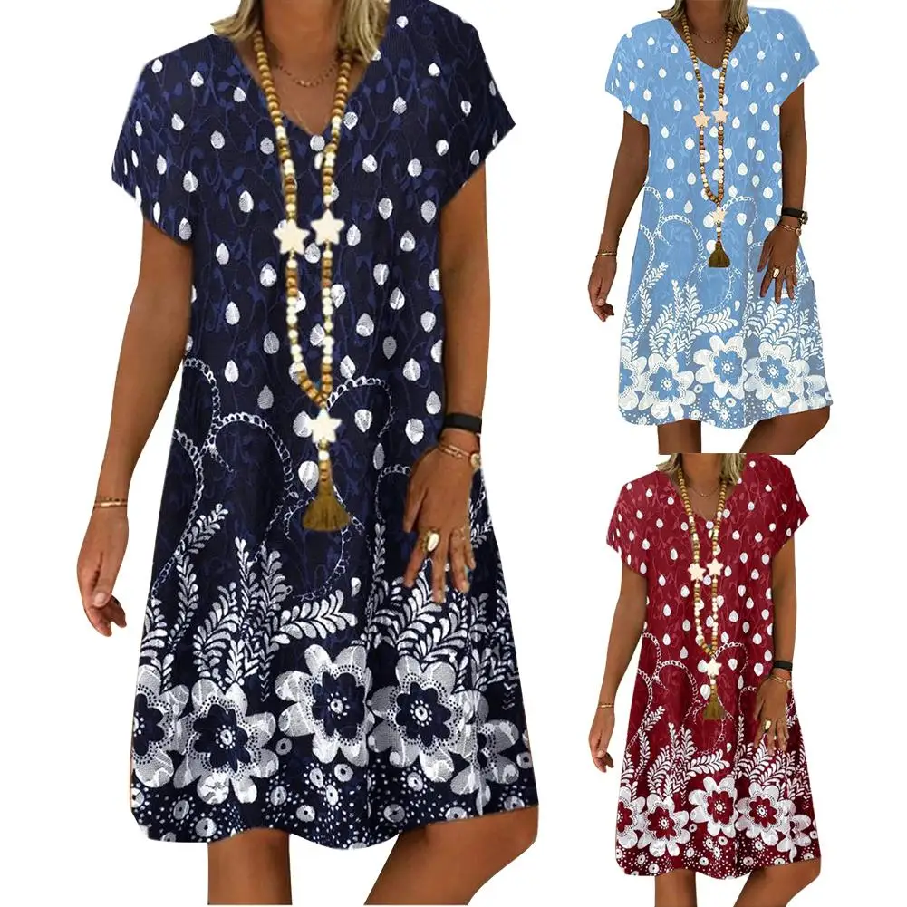S-4XL Stylish Women V Neck Short Sleeve Floral Waterdrop Print Loose Knee-length Dress Plus Size Vacation Beach Dress Lady Dress
S-4XL Stylish Women V Neck Short Sleeve Floral Waterdrop Print Loose Knee-length Dress Plus Size Vacation Beach Dress Lady Dress