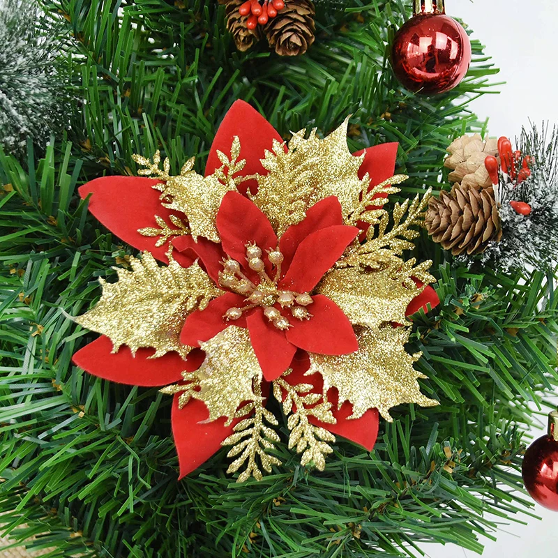 5pcs Glitter Artificial Flowers Red Gold Christmas Tree Decoration Ornaments Fake Flower for Home Xmas New Year Decor | Дом и сад