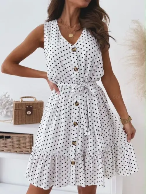 2021 Women Summer New Dress Fashion Dot Print Single-breasted Sleeveless V-neck Sundress Ladies Casual Beach Dresses Vestidos
2021 Women Summer New Dress Fashion Dot Print Single-breasted Sleeveless V-neck Sundress Ladies Casual Beach Dresses Vestidos