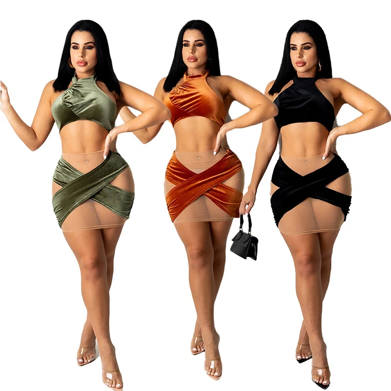2021 Velvet Sheer Mesh Patchwork Women Mini Dress Set Summer Sleeveless Backless Crop Top And Mini Skirts Sexy 2pcs Matching Set
2021 Velvet Sheer Mesh Patchwork Women Mini Dress Set Summer Sleeveless Backless Crop Top And Mini Skirts Sexy 2pcs Matching Set