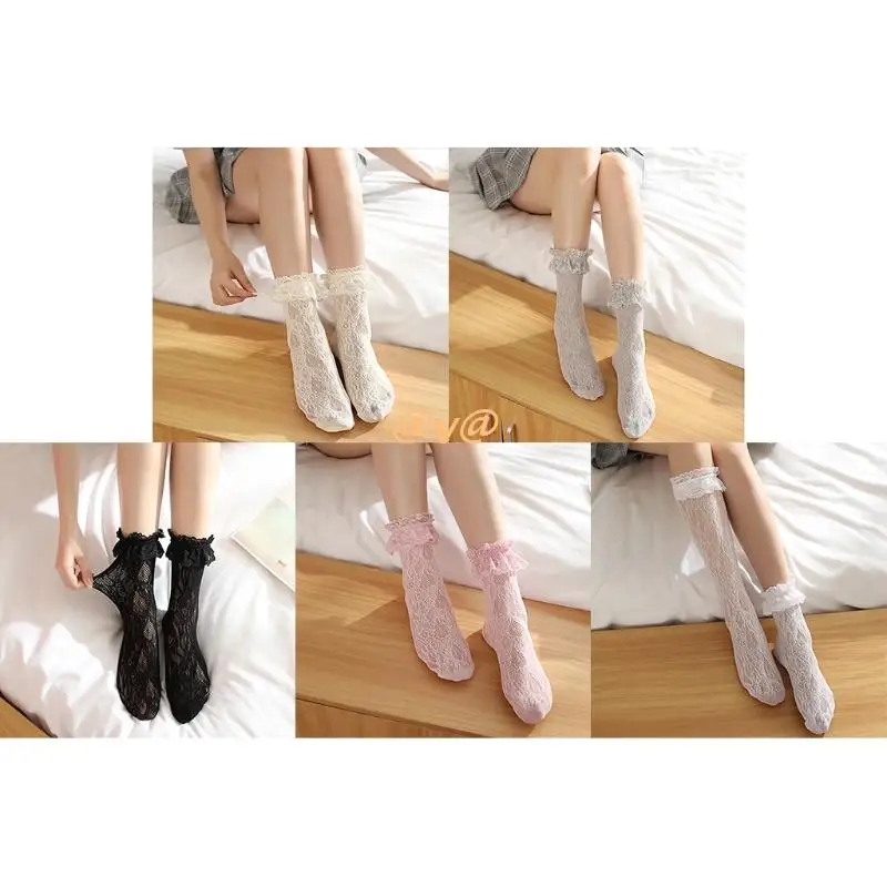 

Women Floral Lace Anklet Socks with Ruffle Cuff Kawaii Lolita Fishnet Hosiery