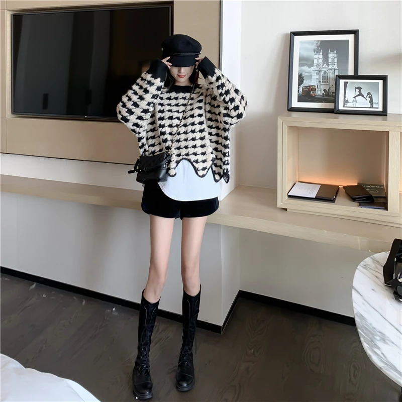 

JXMYY 2020 new product autumn and winter retro irregular hem wavy houndstooth pattern lazy loose pullover thick sweater women