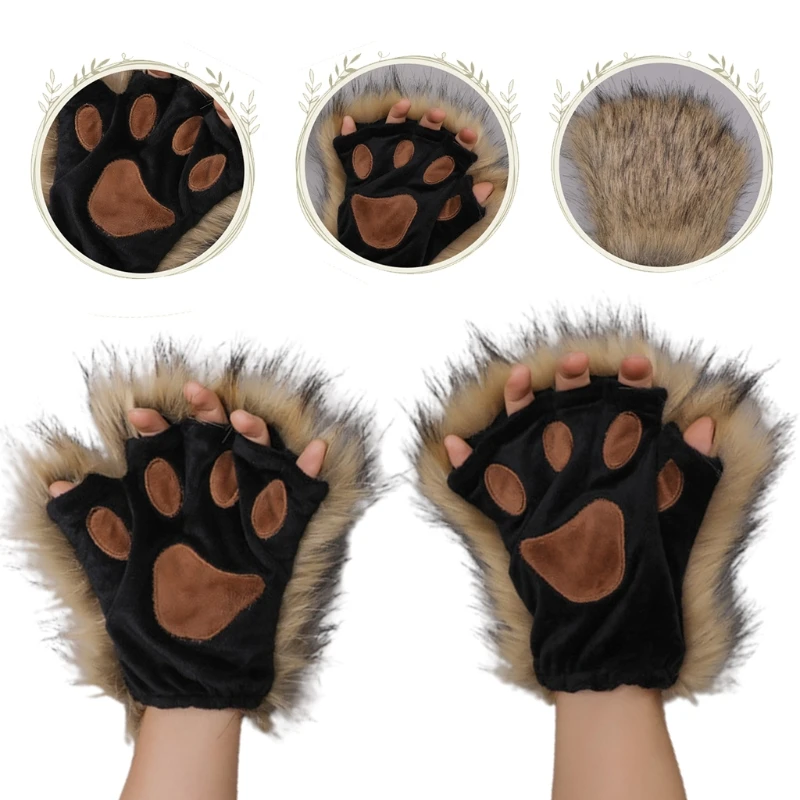 

1 Pair Furry Paw Gloves Cat Girls Cosplay Accessory Kawaii Plush Wolf Paws Fingerless Winter Gloves for Anime Cosplay