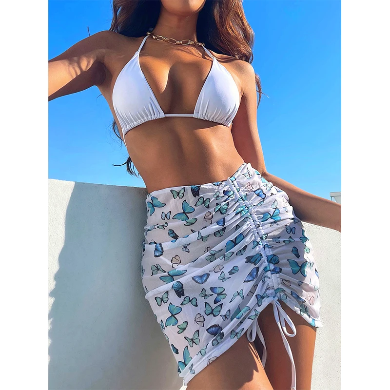 3-piece high waist mesh swimsuit Sexy triangle micro bikini set Butterfly print swimwear women String solid halter bathing suit 
3-piece high waist mesh swimsuit Sexy triangle micro bikini set Butterfly print swimwear women String solid halter bathing suit