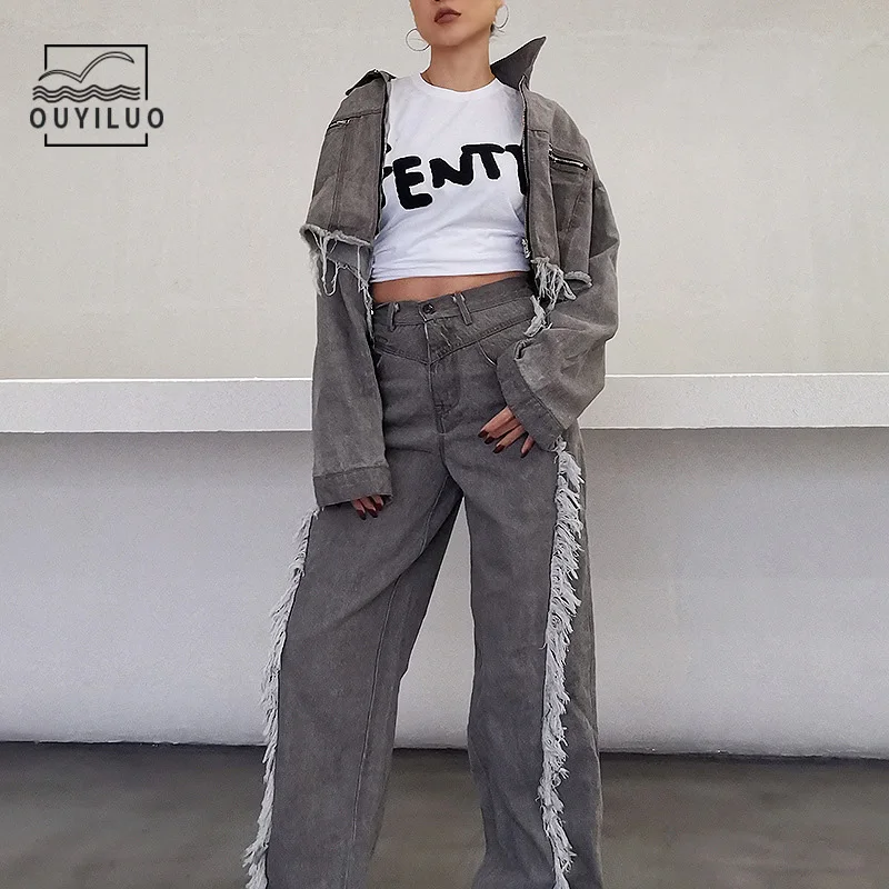 Tassel Patchwork Casual Denim Women Set Streetwear Fashion New Style Turn Down Collar Long Sleeve Loose Personality Lady's Suit
Tassel Patchwork Casual Denim Women Set Streetwear Fashion New Style Turn Down Collar Long Sleeve Loose Personality Lady's Suit