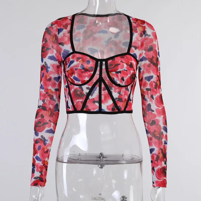 Sexy Floral Print Square Collar Short Tops Slim Personalized Chest Long Sleeve T-shirt Sweet Casual Women's Clothing High Street
Sexy Floral Print Square Collar Short Tops Slim Personalized Chest Long Sleeve T-shirt Sweet Casual Women's Clothing High Street