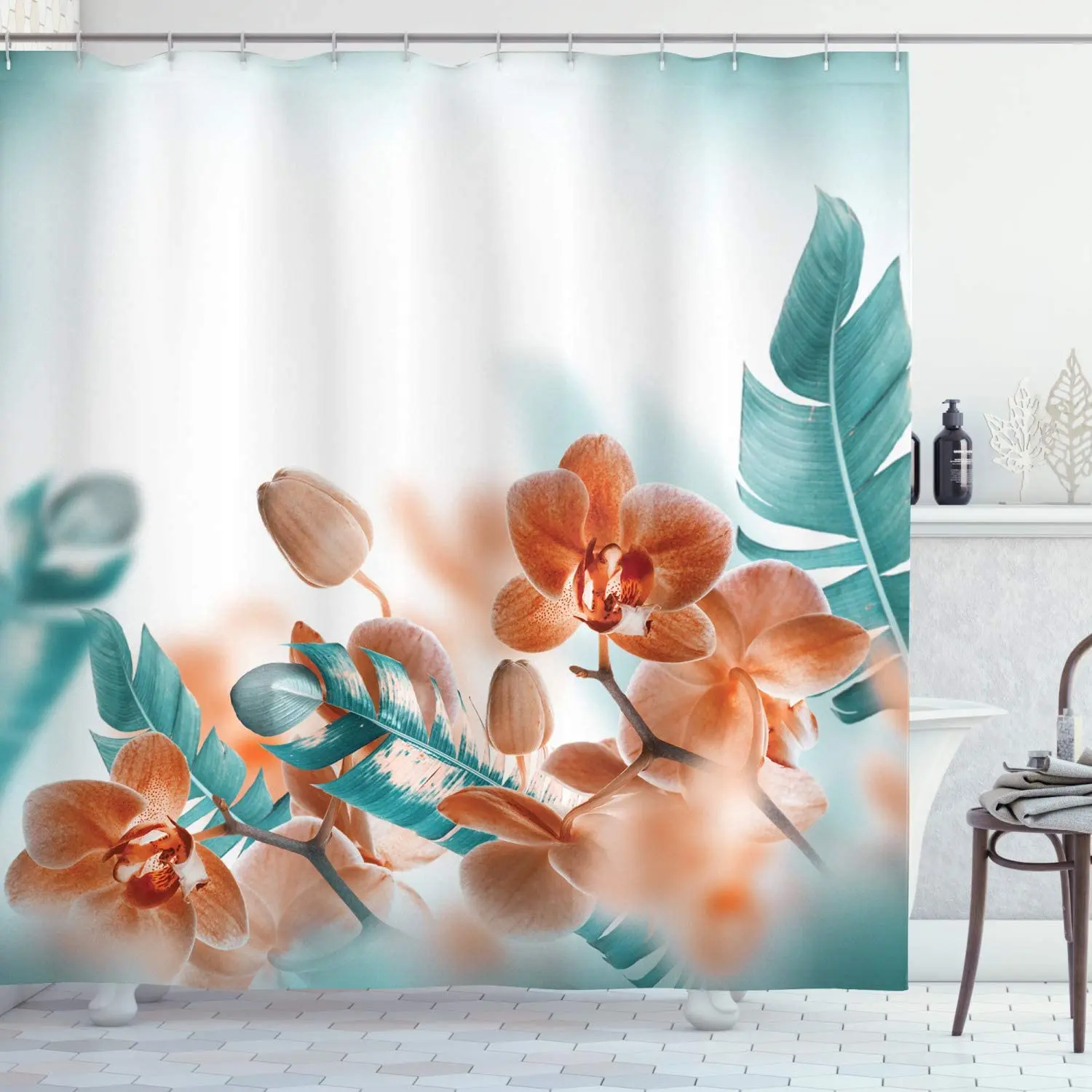 

Tropical Orchids Blossom Leaves on Blurred Background Floral Themed Modern Art Cloth Fabric Bathroom Decor Set with Hooks