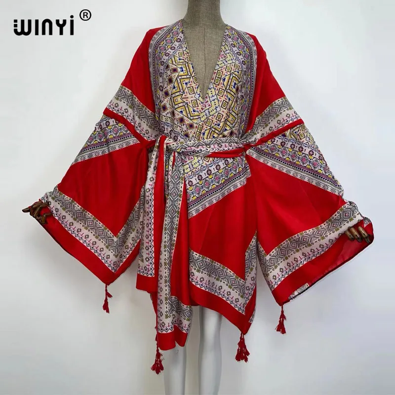 

WINYI 2021 Africa Summer Women Cardigan stitch robe Cocktail sexcy Boho Maxi African Holiday Batwing Sleeve kaftan kimono