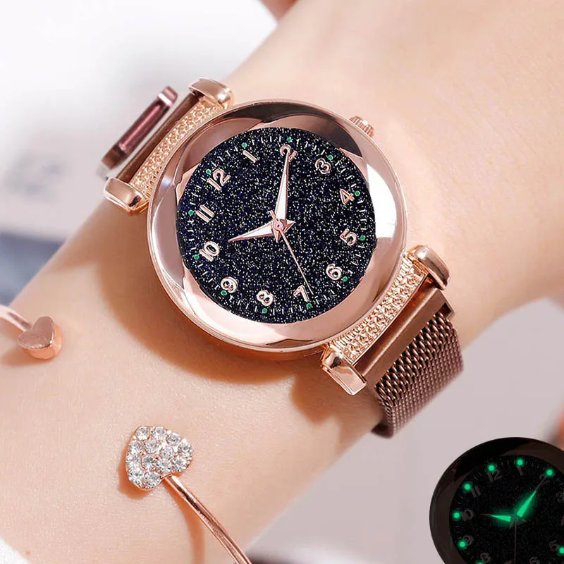 

Женские кварцевые часы со звездным небом, светящиеся повседневные наручные часы цвета розового золота с магнитным сетчатым браслетом, геом...