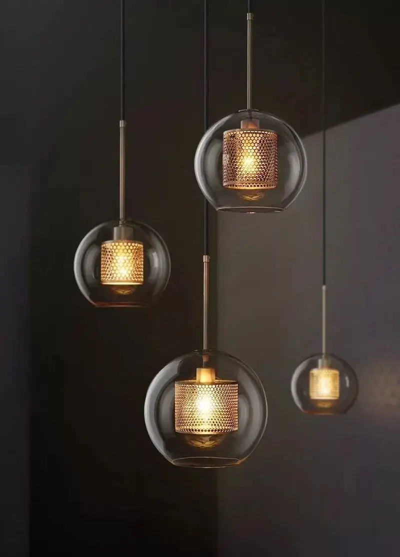 

Metallic Grid Glass Ball Chandelier Loft Industrial Wind Retro Small Chandelier Hotel Restaurant Art Personality Lamps