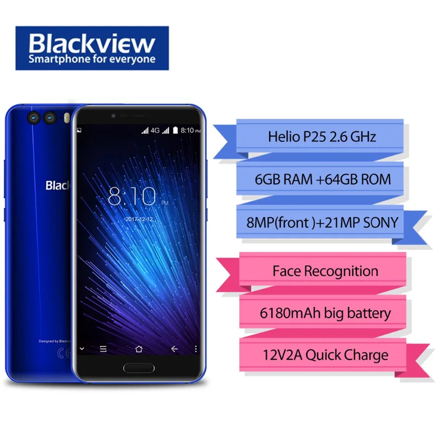 

Blackview P6000 Face ID Smartphone Helio P25 6180mAh Super Battery 6GB 64GB 5.5" FHD 21MP Dual Cams Android 7.1 4G Mobile phone