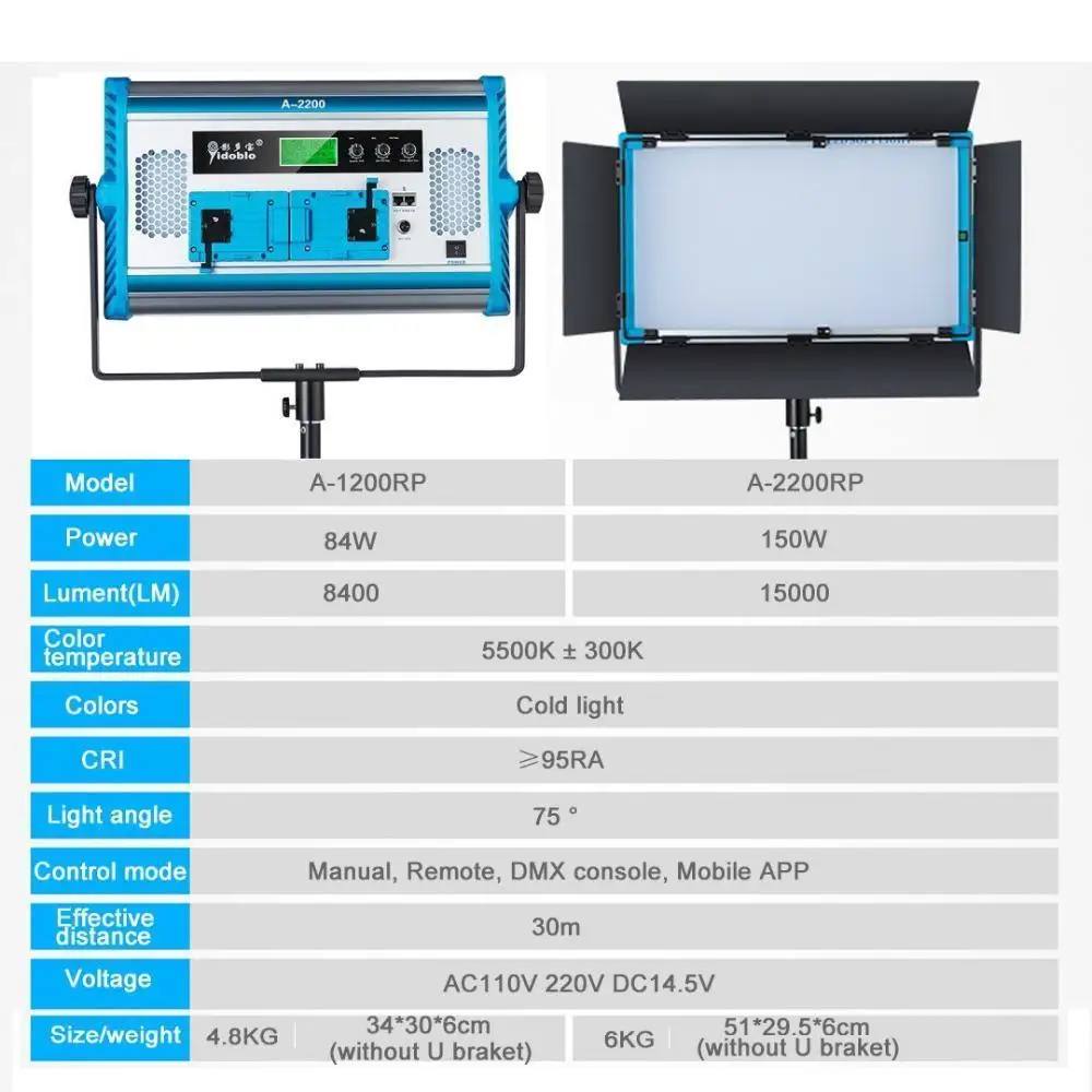 Yidoblo A-2200RP Day light LED Lamp Soft Video Light Panel 5500K Adjustable by DMX/Phone App/Remote Controller with Barn Doors
Yidoblo A-2200RP Day light LED Lamp Soft Video Light Panel 5500K Adjustable by DMX/Phone App/Remote Controller with Barn Doors