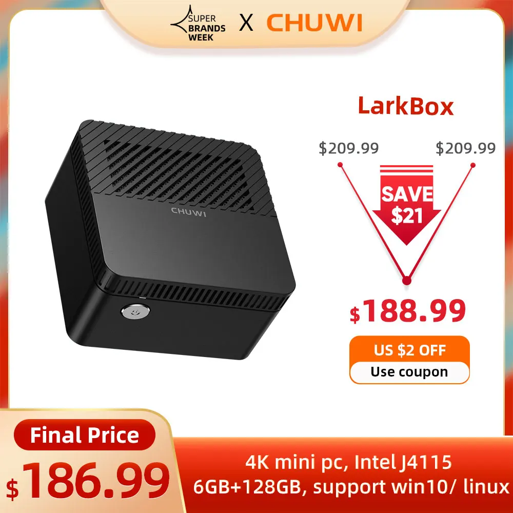 

CHUWI LarkBox 4K Mini PC Intel Celeron J4115 Quad Core 6GB RAM 128GB ROM Windows 10 Desktop Computer HD USB-C