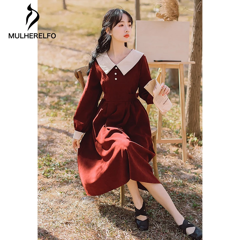 Vintage Thickened Corduroy Stitching Harajuku Ladies Dress Sides Pleated Women's Dress Autumn Sweet Female Dress
Vintage Thickened Corduroy Stitching Harajuku Ladies Dress Sides Pleated Women's Dress Autumn Sweet Female Dress