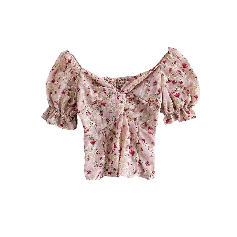 Elegant retro floral chiffon shirt women's summer new V-neck twisted slim puff sleeve embroidery shirt blouse lady short tops
Elegant retro floral chiffon shirt women's summer new V-neck twisted slim puff sleeve embroidery shirt blouse lady short tops