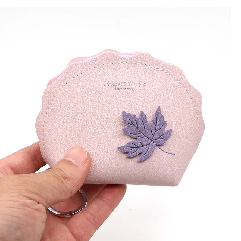 Cute Lovely Coins Purse for Women Maple Leaf Embroidery Design Shell Shape PU Wallet Keychain Bag Zipper Femme Sac | Багаж и сумки