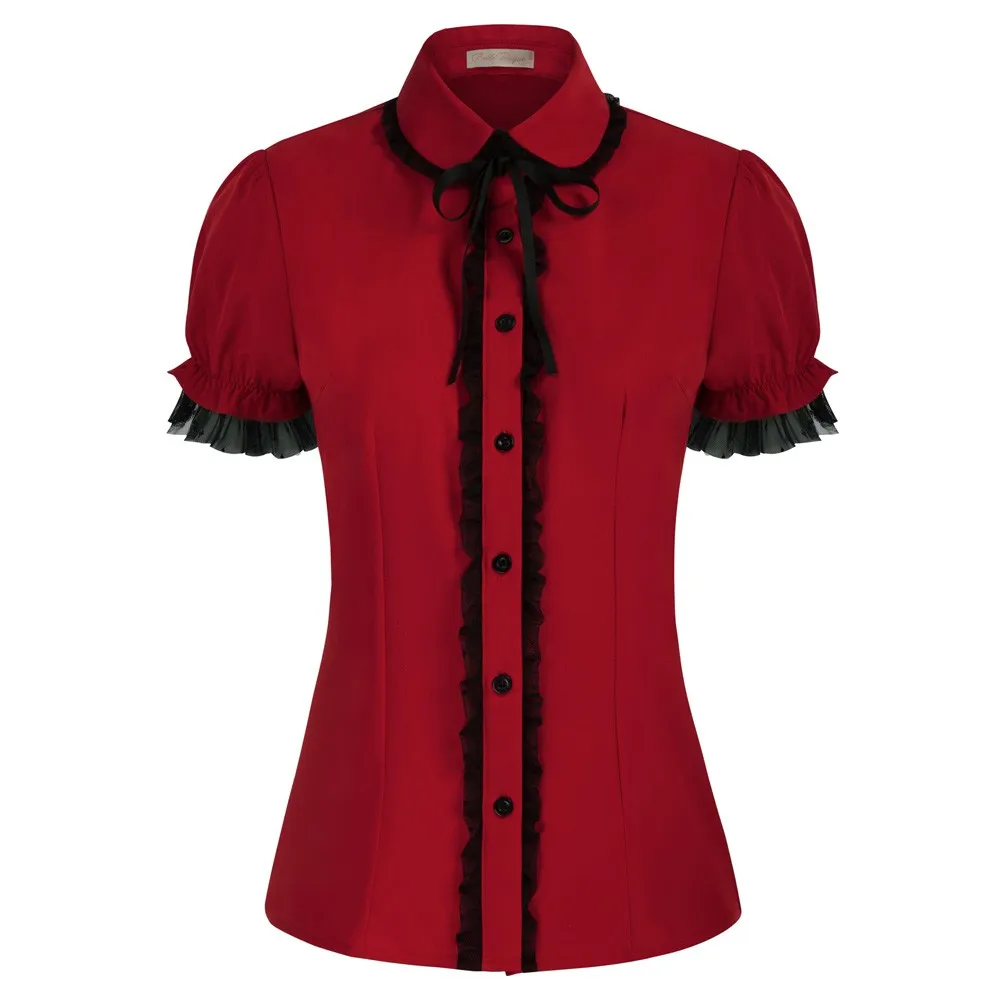 Фото Женская винтажная кружевная рубашка с коротким рукавом и воротником Питер Пэн |