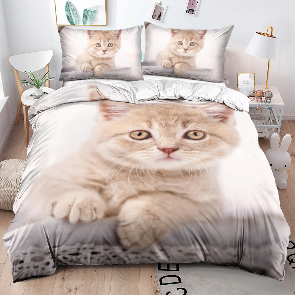 

3D White Pet Cat Bedding Set Cute Custom Design Quilt/Duvet Cover Set Twin Queen King Size 245x210cm Soft Bed Linen for Adults