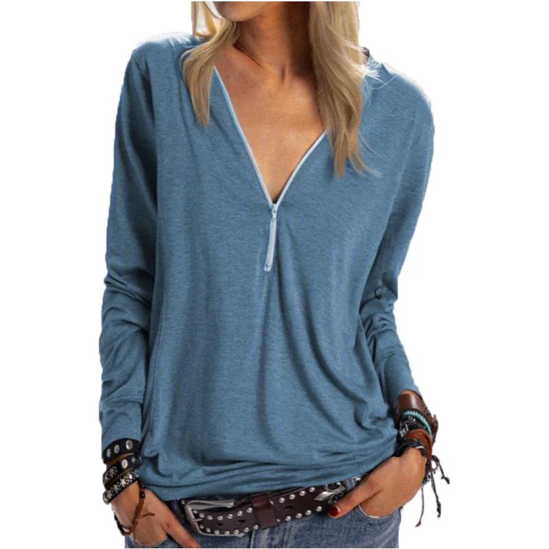 Autumn Winter Women Casual Ladies Fashion Zipper V Neck Long Sleeve T-shirt Blouse Female Solid Color Plus Size Tops Pullover 
Autumn Winter Women Casual Ladies Fashion Zipper V Neck Long Sleeve T-shirt Blouse Female Solid Color Plus Size Tops Pullover