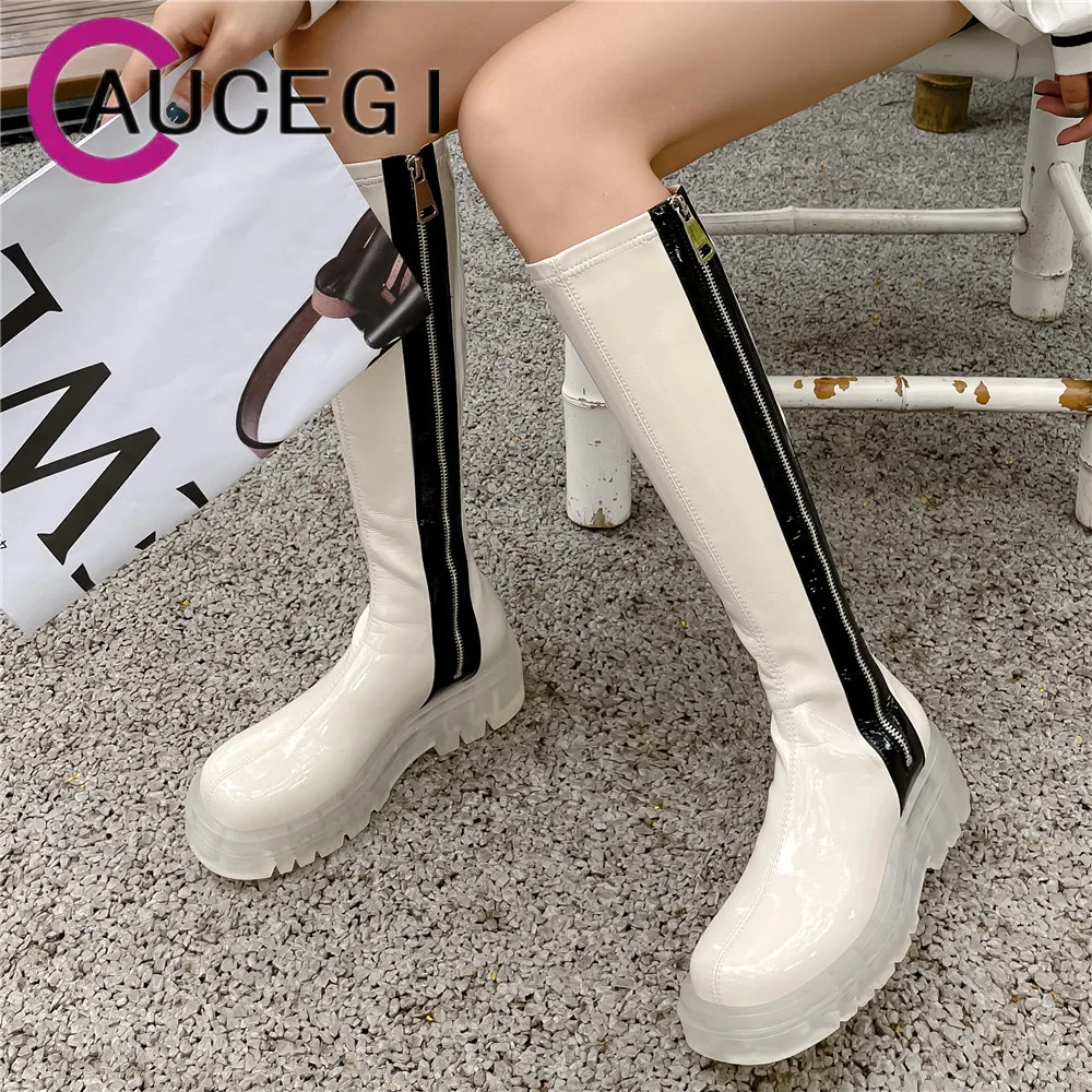 

Aucegi New Patent Leather Riding Knee High Boots Women Thick Bottom White Black Round Toe Mixed Color Autumn Casual Shoes 2022