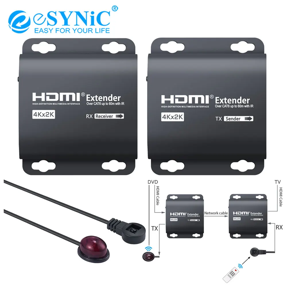 ESYNiC 4K 3D 60m HDMI удлинитель к RJ45 TX RX Поддержка ИК-управления с ИК-бластером и