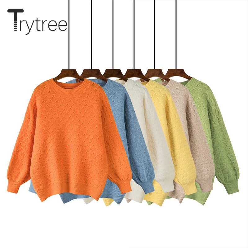 Женский Повседневный свитер Trytree вязаный свободный Однотонный с круглым вырезом
