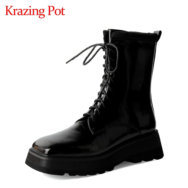 Krazing Pot natural cow leather winter motorcycle boots square toe platform med heels cross-tied tomboy style ankle boots l01
Krazing Pot natural cow leather winter motorcycle boots square toe platform med heels cross-tied tomboy style ankle boots l01