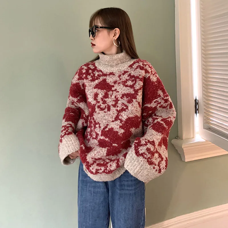Женский винтажный свитер-водолазка, теплый Свободный пуловер с высоким воротником и цветочным принтом, жаккардовый свитер для зимы 
Женский винтажный свитер-водолазка, теплый Свободный пуловер с высоким воротником и цветочным принтом, жаккардовый свитер для зимы