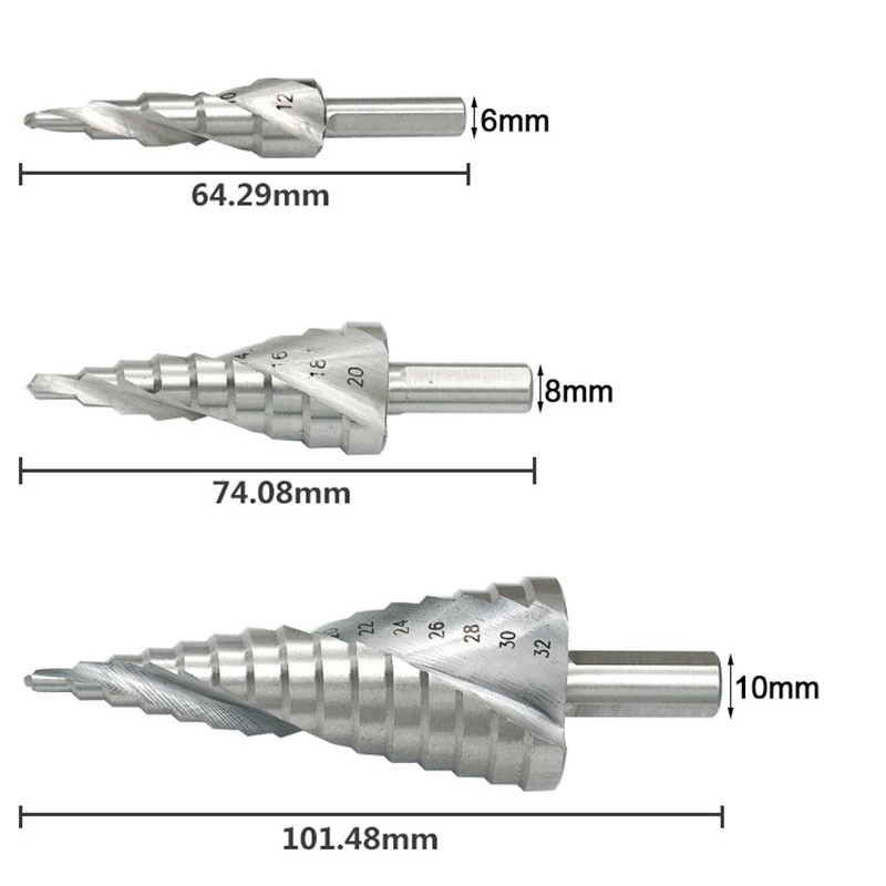 Cone Drill 3pcs 4-12/20/32mm HSS Step Drilll Bit For Wood Metal Hole Cutter Drilling Tools Spiral Groove Core Drill Bit
Cone Drill 3pcs 4-12/20/32mm HSS Step Drilll Bit For Wood Metal Hole Cutter Drilling Tools Spiral Groove Core Drill Bit