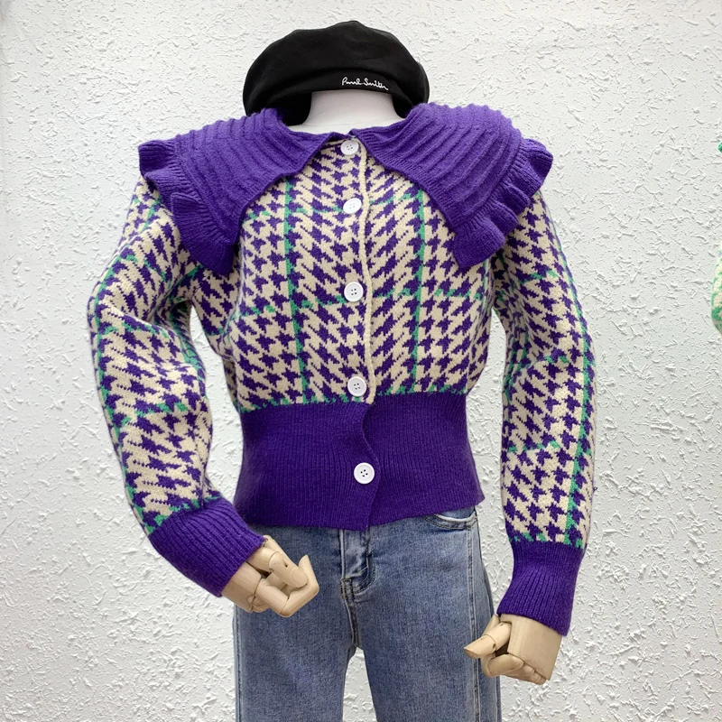 JSXDHK Fashion Designer Spring Plaid Houndstooth Knitted Sweater Coat Vintage Women Hit Color Peter Pan Collar Short Cardigan
JSXDHK Fashion Designer Spring Plaid Houndstooth Knitted Sweater Coat Vintage Women Hit Color Peter Pan Collar Short Cardigan
