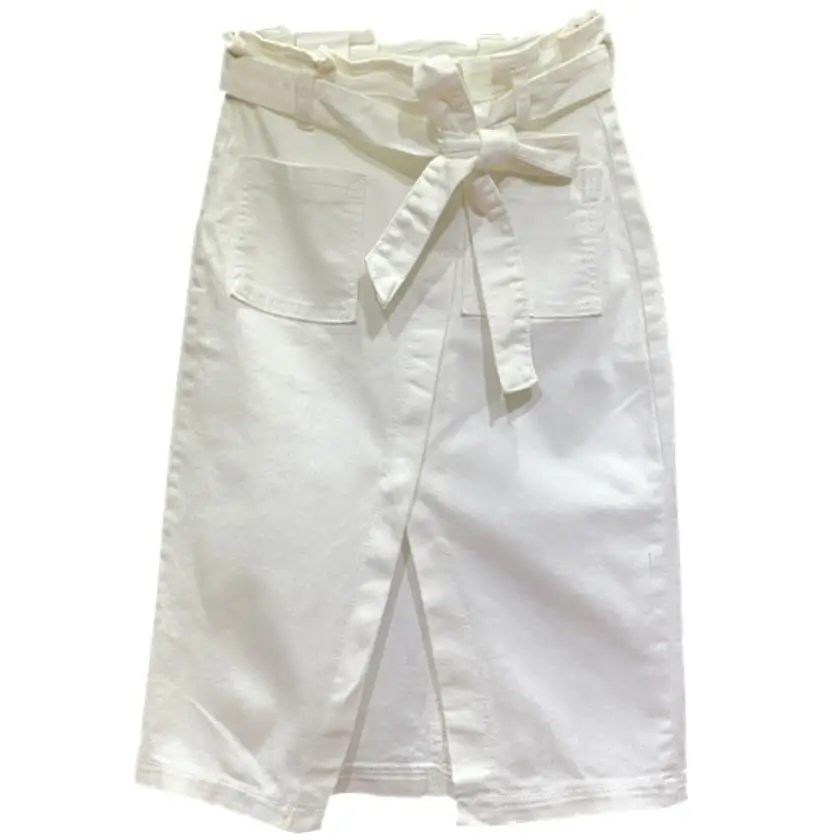2020 summer denim skirt women new white high waist split package hip knee-length jeans skirt