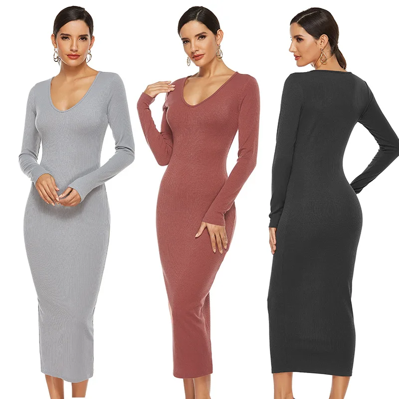 Women V-neck Dress Solid Color Slim Long Sleeve Knitted Pencil Dress Skinny Elegant Women Autumn Stretch Mid-calf Dress
Women V-neck Dress Solid Color Slim Long Sleeve Knitted Pencil Dress Skinny Elegant Women Autumn Stretch Mid-calf Dress