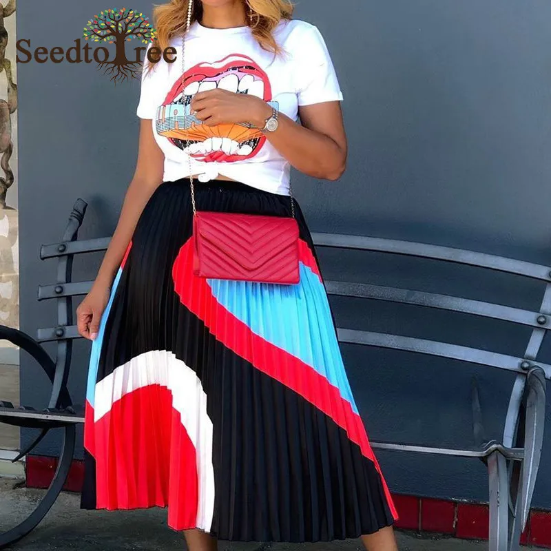 

Printed Casual Summer Women 2 Piece Tops & Skirts Set Lips Print Short Sleeve T Shirt Tops & Colorblock Pleated Midi Skirts Set