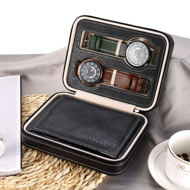 2 Pcs PU Leather Watch Box Storage Showing Watches Display Storage Box, Black & Brown