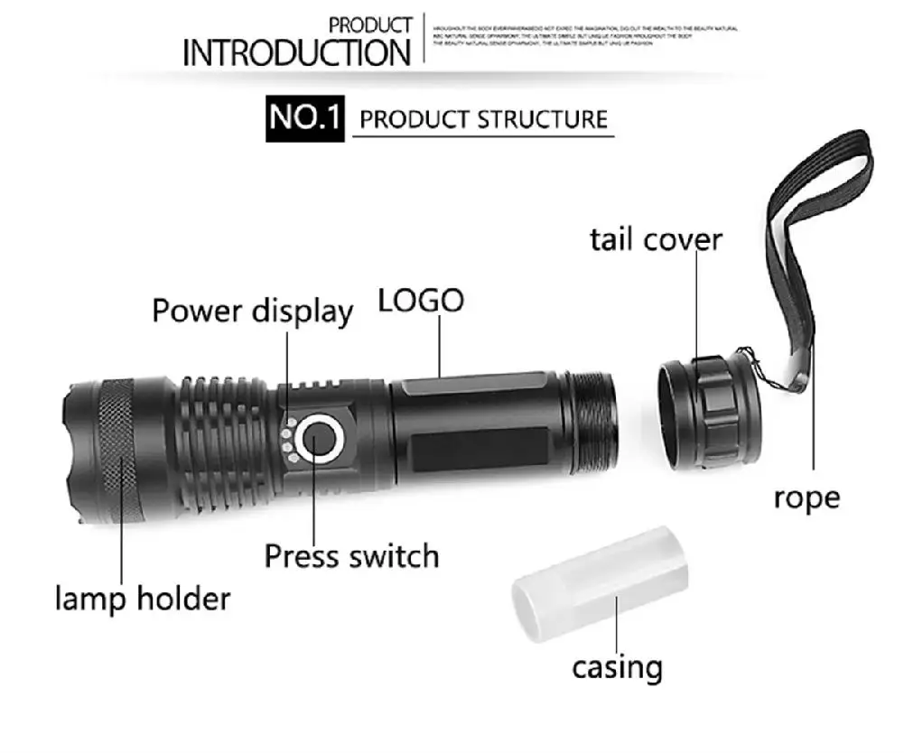 

HiMISS LED XHP50 Telescopic Focusing Flashlight 6500K Hard Strong Light Torch Flashlight with Power Display Outdoor