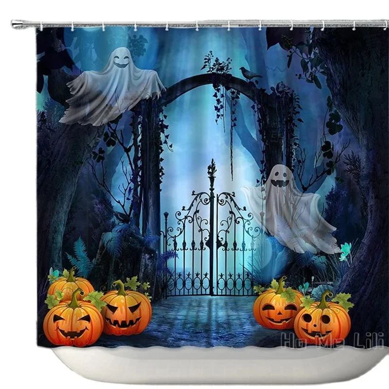 Halloween By Ho Me Lili Shower Curtain Ghost And Pumpkins In Fantasy Forest Decor Bathroom With Hooks 
Halloween By Ho Me Lili Shower Curtain Ghost And Pumpkins In Fantasy Forest Decor Bathroom With Hooks