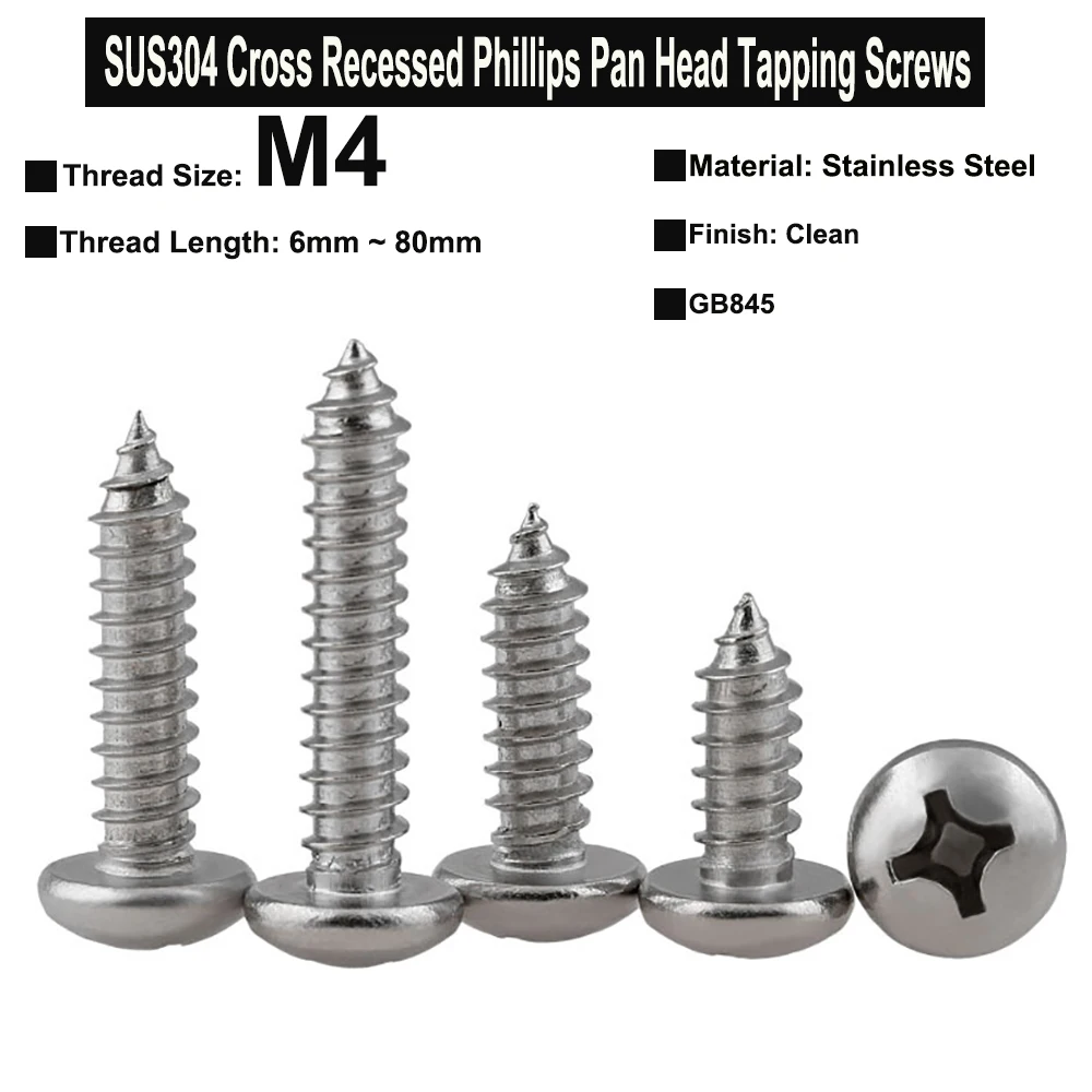 

20Pcs/10Pcs/5Pcs M4x6mm~80mm SUS304 Stainless Steel Cross Recessed Phillips Pan Head Self-Tapping Screws Wood Screws GB845