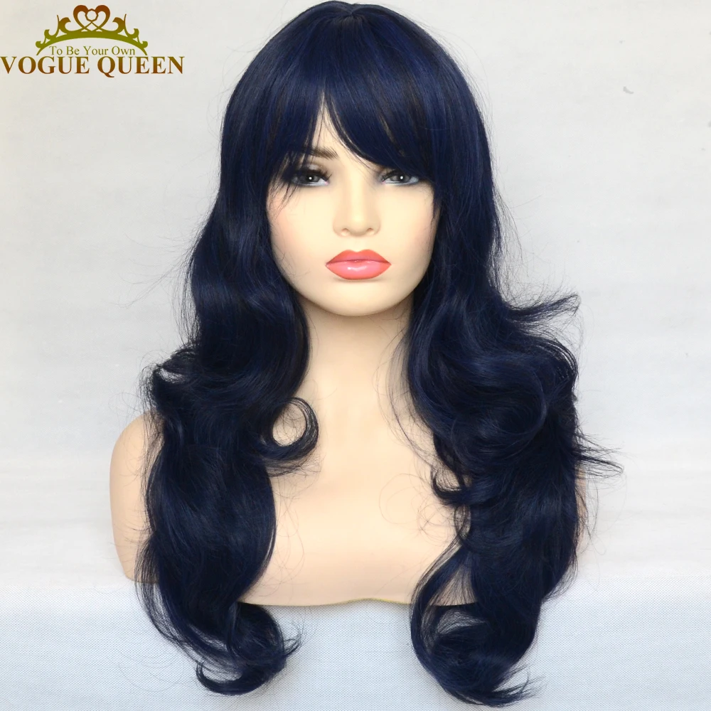 

Vogue Queen Mixed Dark Blue Synthetic Wig Loose Curly Full Machine Made Wig Heat Resistant Fiber Daily Wear For Women