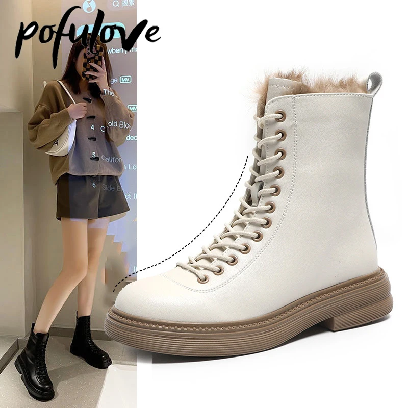 Pofulove Winter Boots Women Black White Leather Boots Gothic Platform Shoes Fashion Ankle Booties Flat Woman Warm Fur Botas
Pofulove Winter Boots Women Black White Leather Boots Gothic Platform Shoes Fashion Ankle Booties Flat Woman Warm Fur Botas