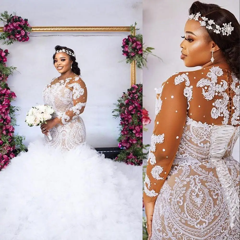 New Luxury Sexy Mermaid Wedding Dresses Illusion Neck Lace Appliques Crystal Beads Tulle Ruffles Tired Formal Bridal Gown
New Luxury Sexy Mermaid Wedding Dresses Illusion Neck Lace Appliques Crystal Beads Tulle Ruffles Tired Formal Bridal Gown