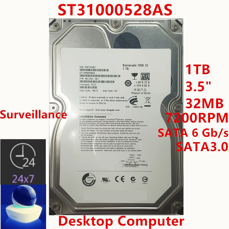 

New Original HDD For Seagate Brand 1TB 3.5" SATA 6 Gb/s 32MB 7200RPM For Internal HDD For DVR Surveillance HDD For ST31000528AS