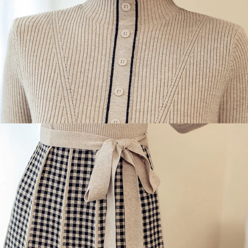Patchwork plaid turtleneck knitted dress fashion button belt long sleeve sweater dresses elegant high waist elasticity vestidos
Patchwork plaid turtleneck knitted dress fashion button belt long sleeve sweater dresses elegant high waist elasticity vestidos