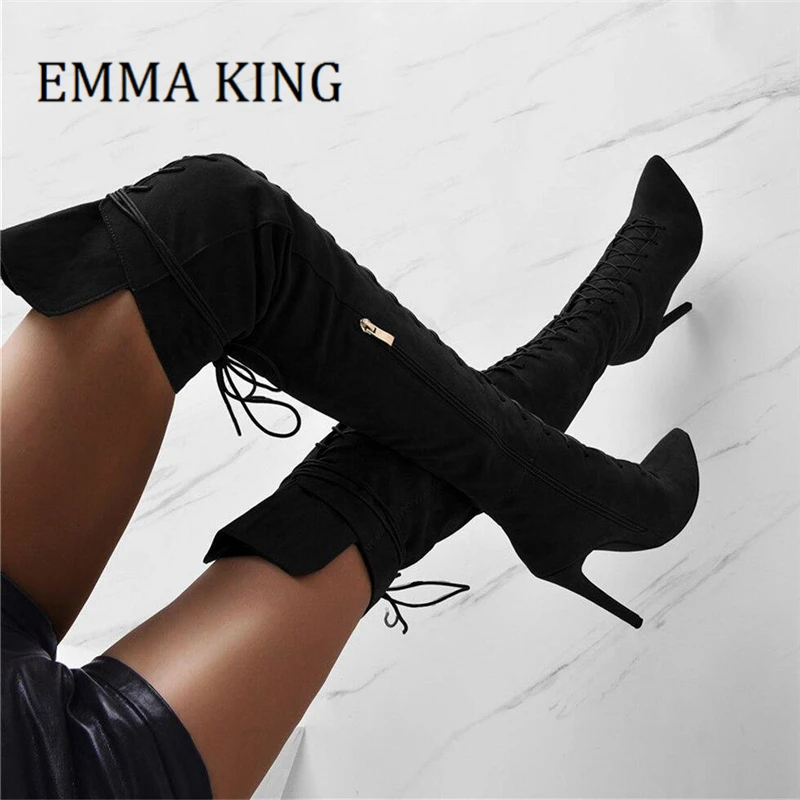 

Women Lace Up Over The Knee Boots Sexy Pointed Toe Stiletto Heels Gladiator Long Boots Women's Thigh High Boots Botas De Mujer