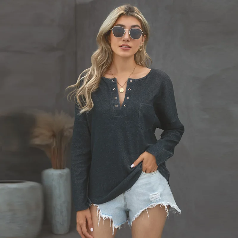 T-shirt Women's Autumn and Winter New Solid Color Pocket V-shaped Half Open Neck Long Sleeved European American Top 
T-shirt Women's Autumn and Winter New Solid Color Pocket V-shaped Half Open Neck Long Sleeved European American Top