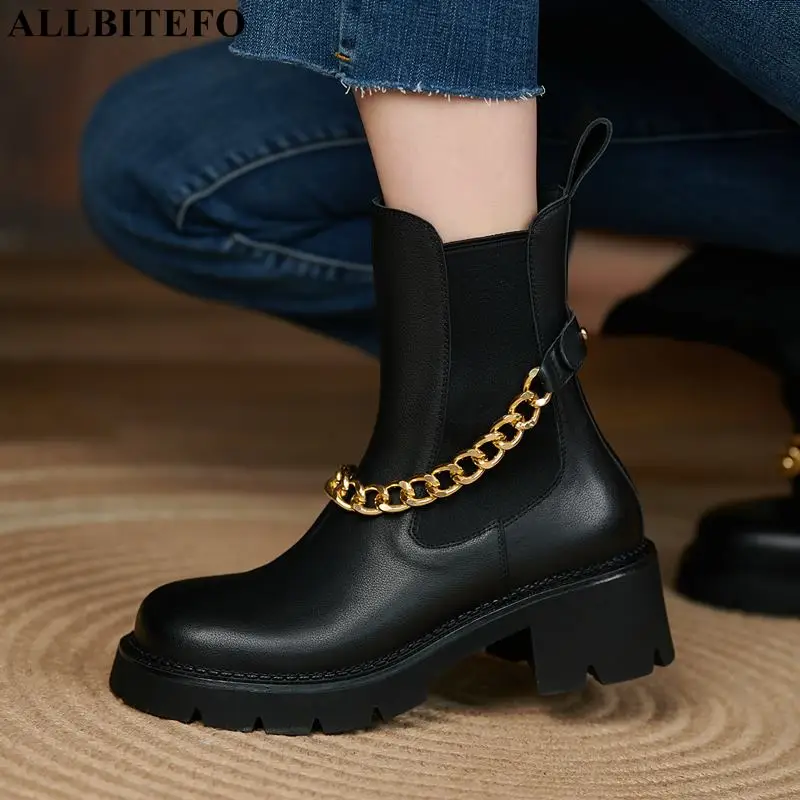 ALLBITEFO Chain Design Autumn Winter Shoes Genuine Leather High Heel Shoes Waterproof Women Boots Fashion Non-Slip Ankle Boots 
ALLBITEFO Chain Design Autumn Winter Shoes Genuine Leather High Heel Shoes Waterproof Women Boots Fashion Non-Slip Ankle Boots