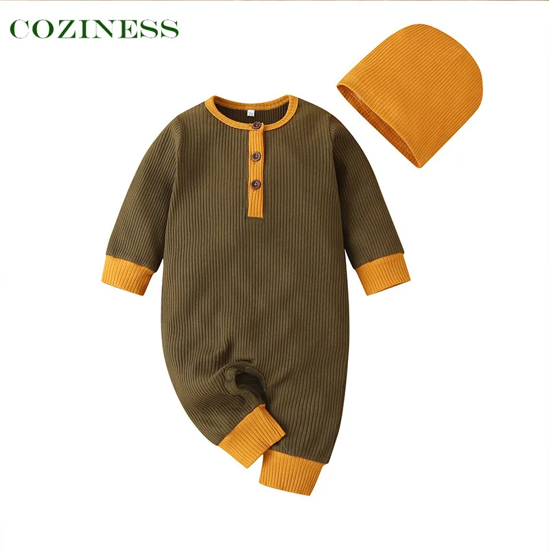 

COZINESS Boy Baby Romper Autumn Winter Long Sleeve Have Hat Stripe Child Jumpsuit Color Stitching Outdoor Play Newborn Clothes